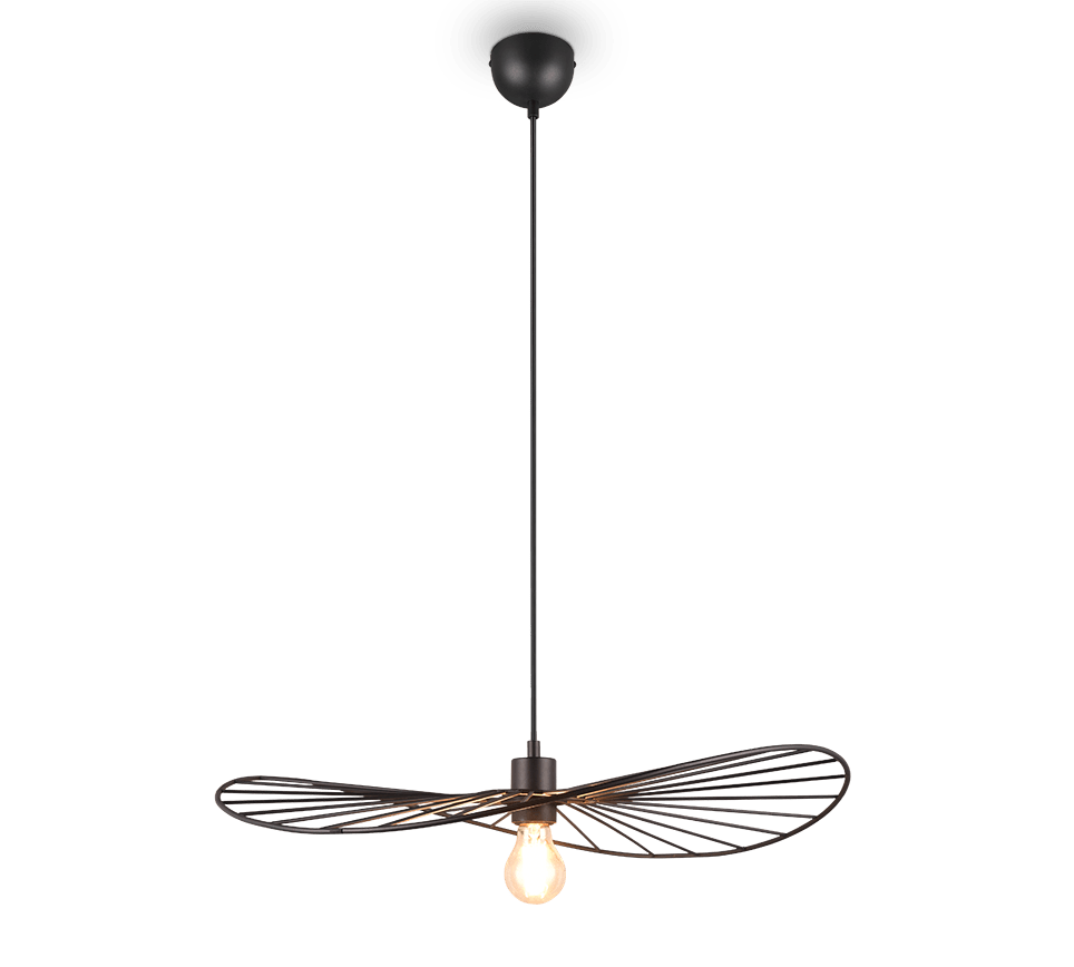 Moderne hanglamp met een enkele zichtbare lamp die aan een dun zwart snoer hangt. De lamp is omhuld door een frame dat lijkt op langwerpige bladeren, waardoor het armatuur een elegante en minimalistische uitstraling krijgt.