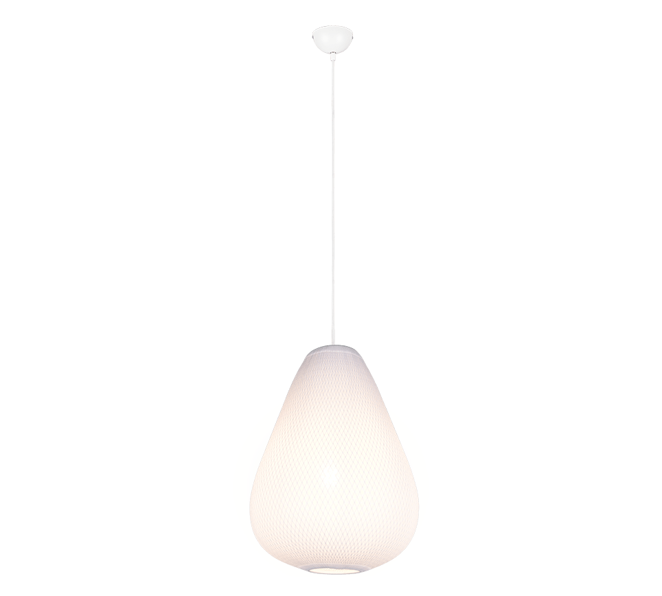Een moderne hanglamp met een druppelvormige witte kap die aan een dun snoer aan een plafondbevestiging hangt. De lamp straalt een zachte gloed uit, wat een eigentijdse en elegante uitstraling creëert.