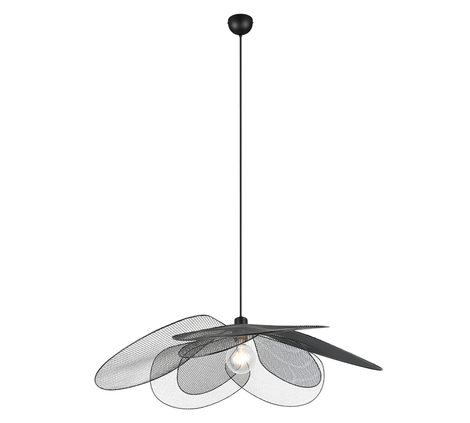 Een moderne plafondventilator met drie strakke, gebogen metalen bladen en een centrale zichtbare gloeilamp. De ventilator hangt aan een rechte, zwarte stang.