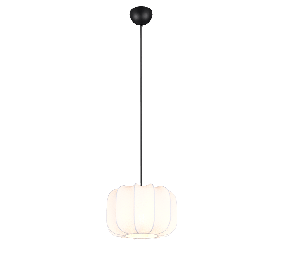 Een moderne hanglamp met een witte, licht klokvormige kap en een zwarte plafondbevestiging. Hij hangt aan een zwart snoer en werpt een zachte gloed.
