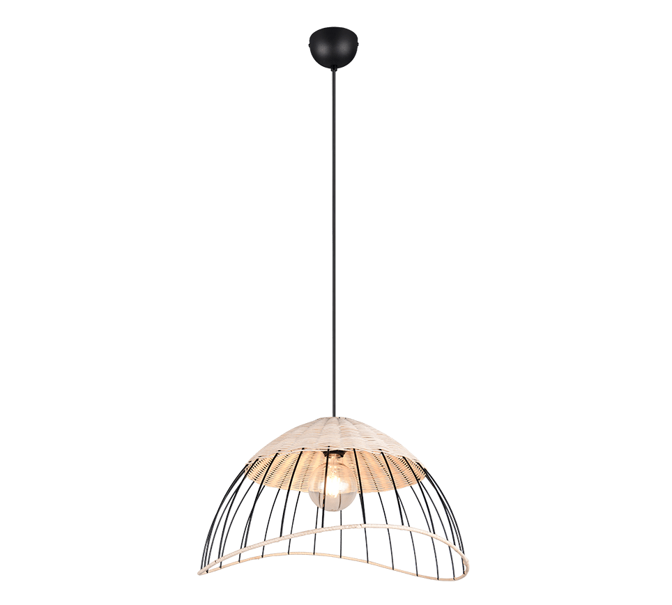 Hanglamp met een koepelvormige, getextureerde glazen kap en een zwarte plafondbevestiging, met een zichtbare gloeilamp erin.