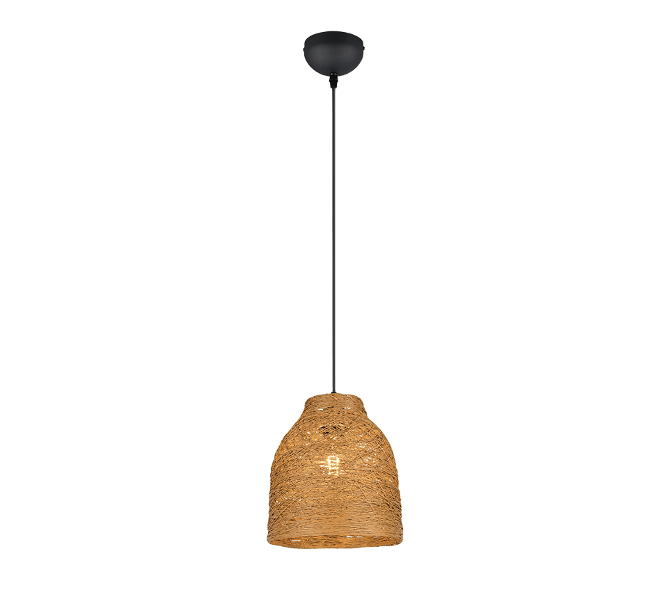 Een hangende hanglamp met een zwart snoer en een getextureerde, cilindrische, geweven rotan kap. Het licht straalt een warme gloed uit door het geweven materiaal, wat een gezellige sfeer creëert.
