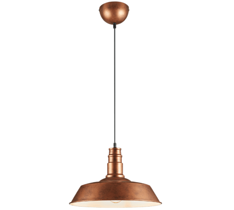 Een koperkleurige hanglamp met een ronde, metalen kap en een zwart snoer, ontworpen om aan het plafond te hangen. De lamp heeft een vintage industriële stijl met een warme, rustieke afwerking.