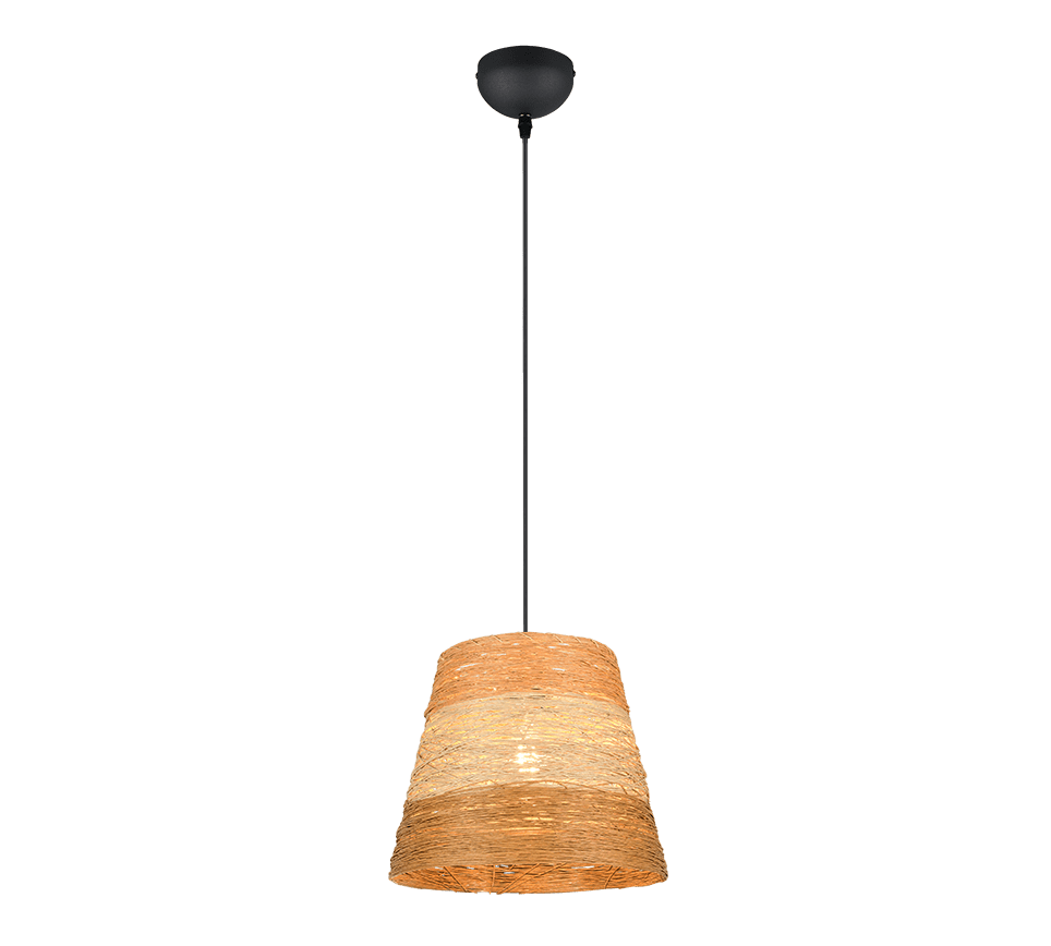 Een enkele, hangende hanglamp met een zwart snoer hangt aan een beige, getextureerde lampenkap. De lampenkap heeft een gelaagde, geweven uitstraling, wat een warme en rustieke look creëert.
