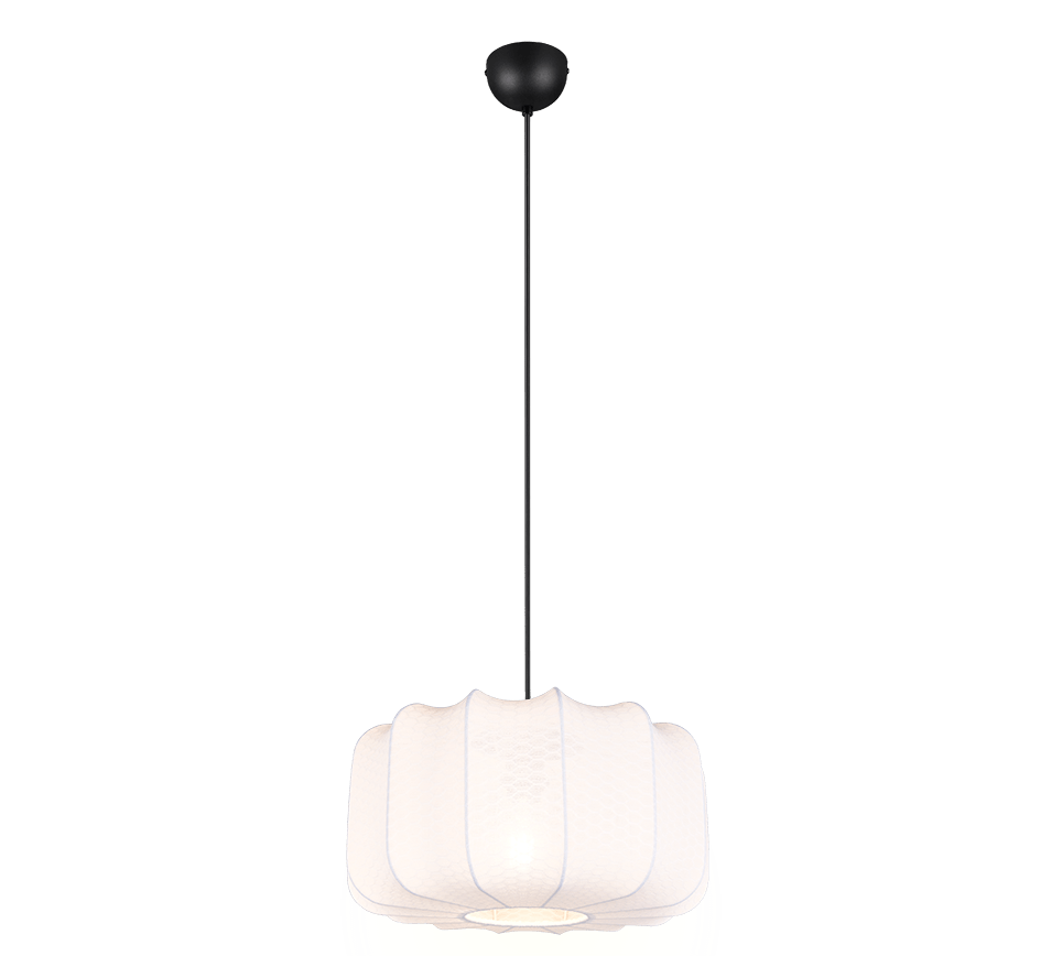 Een moderne hanglamp met een zwarte plafondbevestiging en een witte, gebeeldhouwde lampenkap met een gloeiende gloeilamp erin. De lampenkap heeft een zachte, ronde vorm die het licht zachtjes verspreidt, hangend aan een slank zwart snoer.