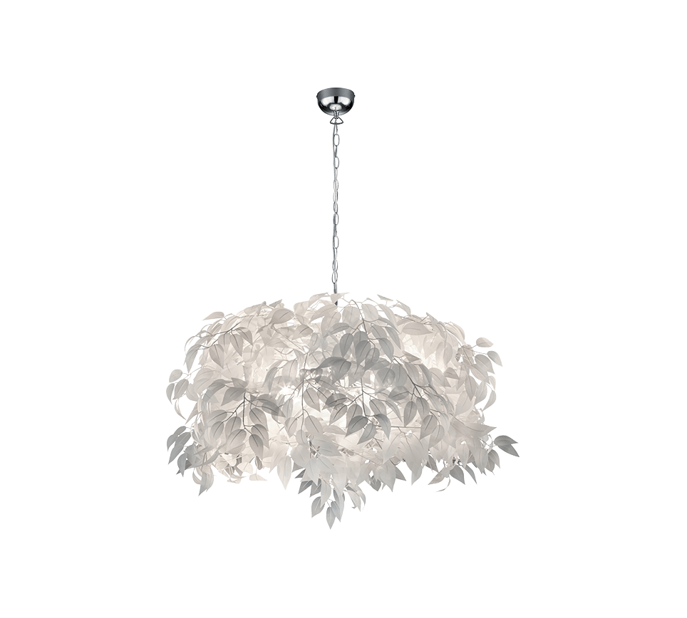 Een hangende kroonluchter met een chromen ketting, versierd met talrijke delicate, witte, bladvormige elementen.