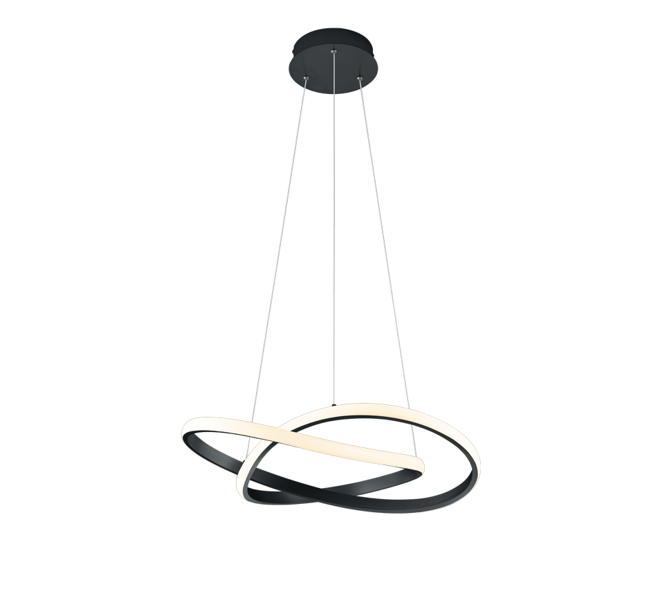 Moderne plafondlamp met drie verweven zwarte en witte LED-ringen opgehangen aan kabels. Het ontwerp is strak en minimalistisch, hangend aan een ronde zwarte houder.