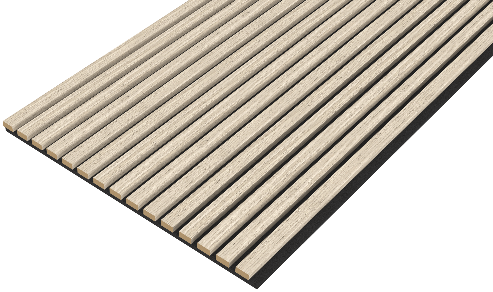 De Akupanel Eiken Light Naturel 270 x 60 cm Lattenwand Akoestische wandpanelen hebben gelijkmatig verdeelde, verticale lichthouten latten op een donkere ondergrond, schuin afgebeeld tegen een effen achtergrond.