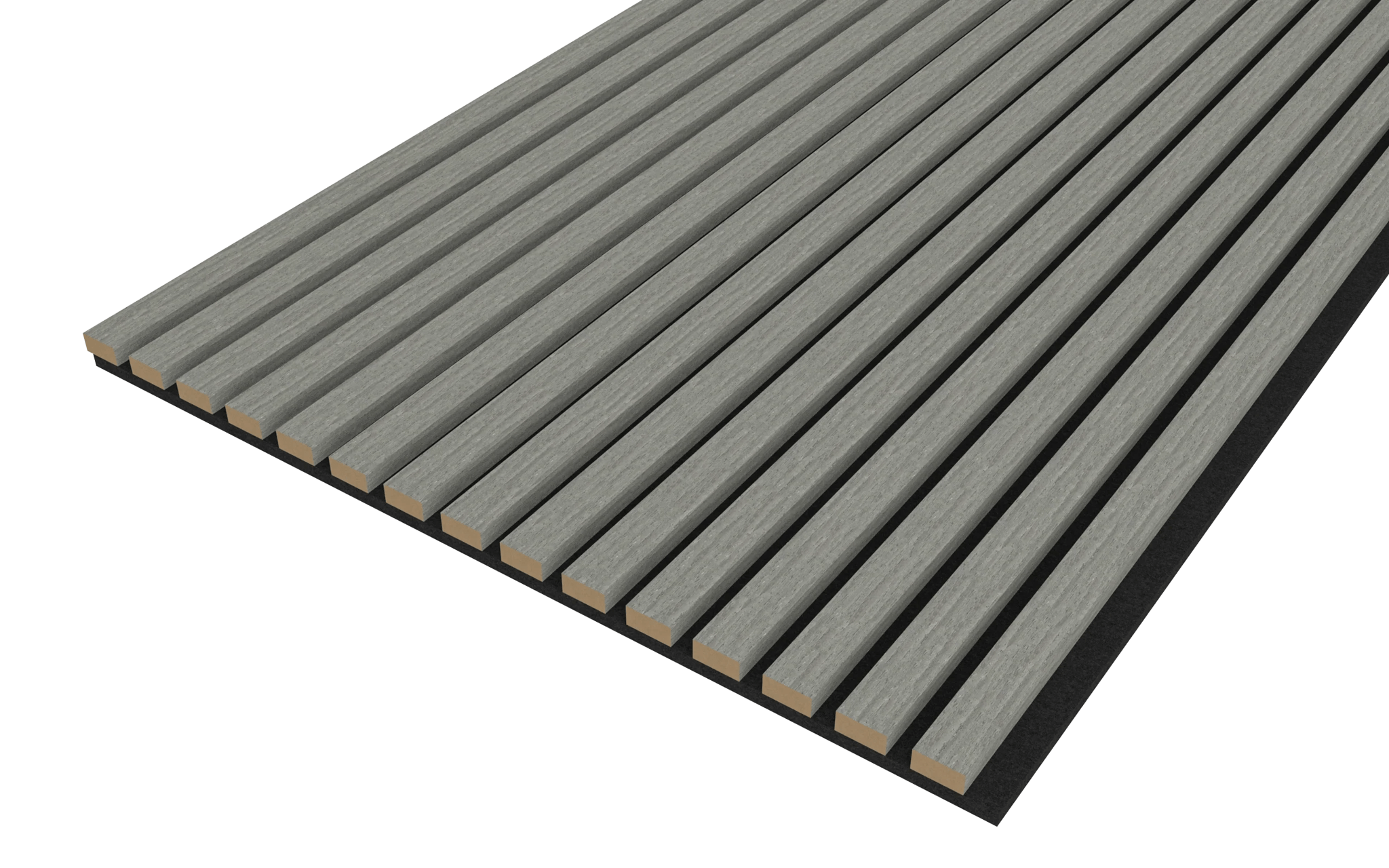 Een perspectiefaanzicht van de Akupanel Eiken Grijs 270 x 60 cm Lattenwand Akoestische wandpanelen, met parallelle, gelijkmatig verdeelde grijze latten met houtkleurige randen, tegen een donkere achtergrond.