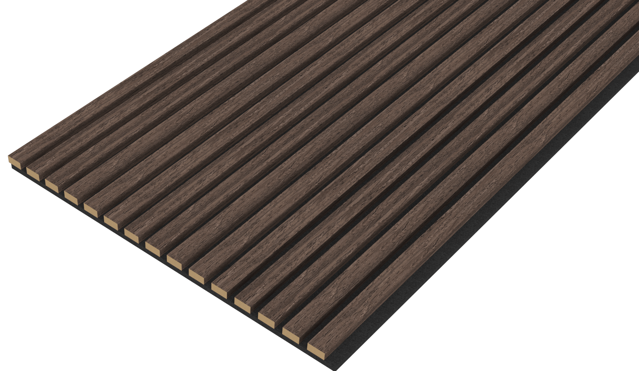 Het Akupanel Eiken Dark Walnoot 270 x 60 cm akoestisch wandpaneel heeft een rechthoekige vorm met gelijkmatig verdeelde smalle latten, een donkerbruine afwerking en lichte randen, getoond vanuit een schuin perspectief.