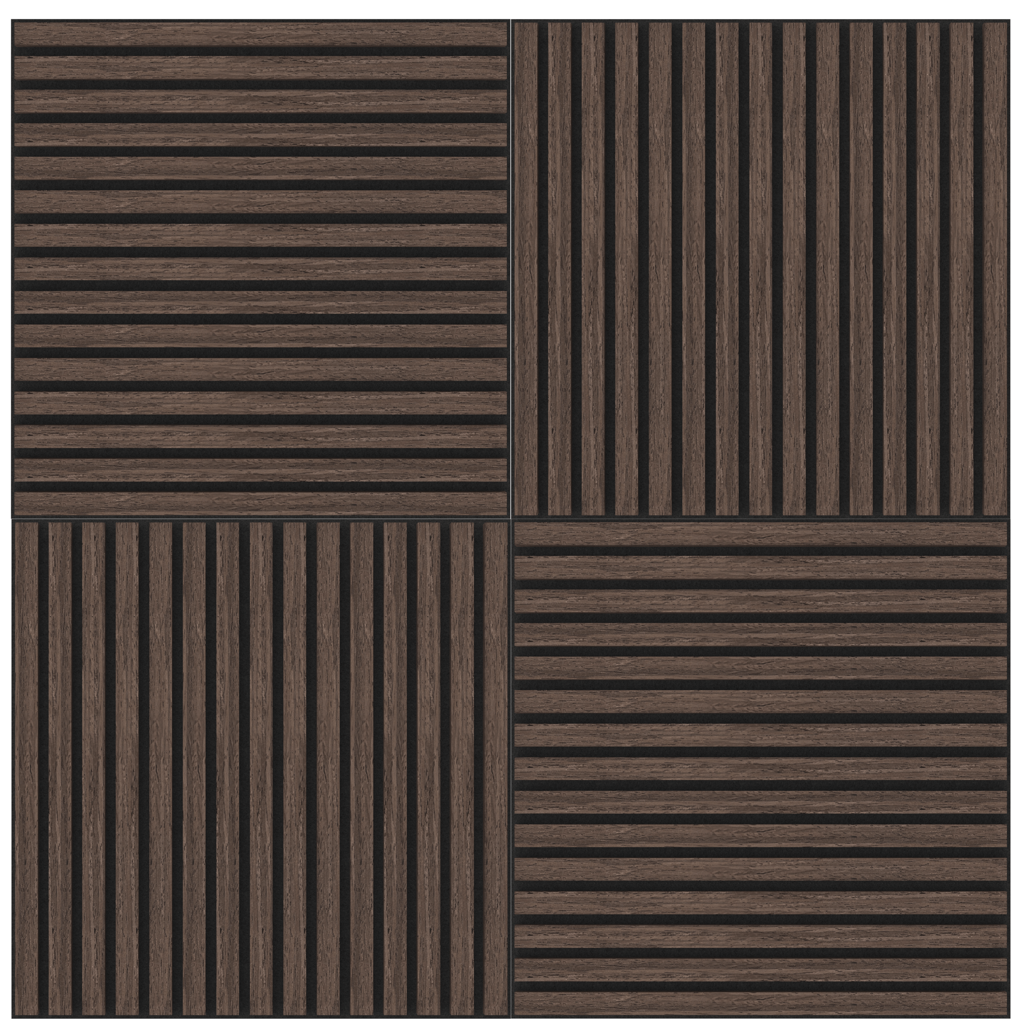 De Akupanel Eiken Donkere Walnoot 60 x 60 cm Lattenwand akoestische wandpanelen heeft vier houten panelen met donkerbruine latten in afwisselend verticale en horizontale richtingen voor een geometrische, rastervormige look.