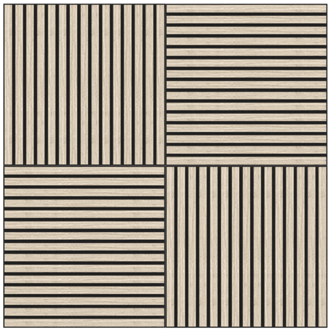 De Akupanel Eiken Light Naturel 60 x 60 cm akoestische wandpanelen hebben een geometrisch raster van vier vierkanten: twee met verticale beige en zwarte strepen, twee met horizontale strepen, om en om.