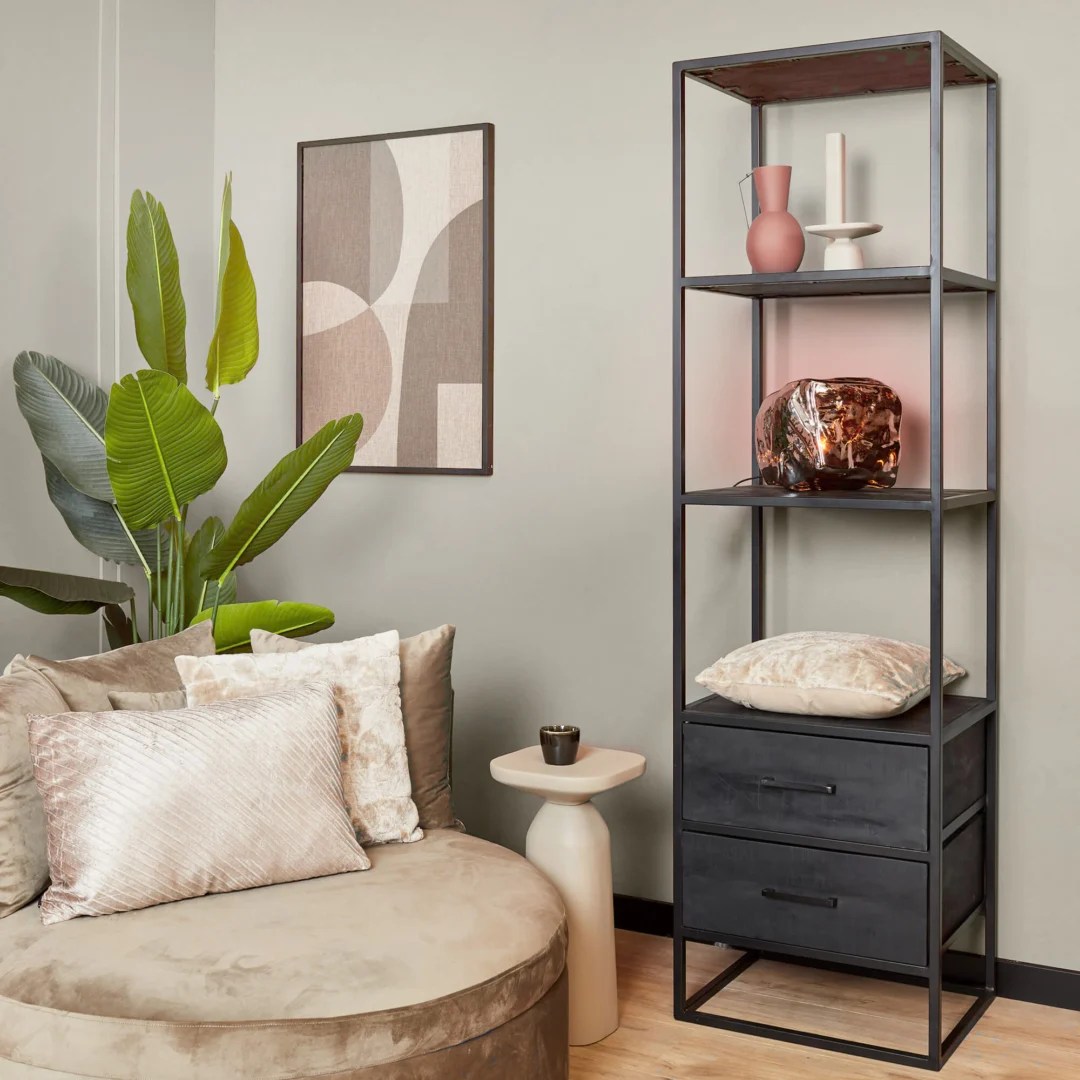 Een moderne woonkamer met een ronde beige bank, gestructureerde kussens, een hoge groene plant, een klein bijzettafeltje met een kopje en de Boekenkast Denver Black - een boekenkast van mangohout en staal met 2 lades - met daarin vazen, decor en kussens tegen een neutrale muur met abstracte kunst.