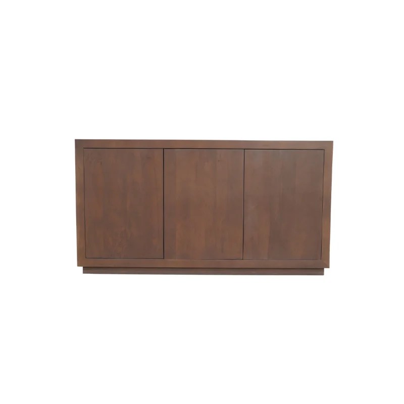 De Dressoir Brussel Walnut | 150 cm is een rechthoekige kast met een gladde, donkerbruine walnootafwerking en drie vlakke frontpanelen, staande op een smalle basis tegen een witte achtergrond.