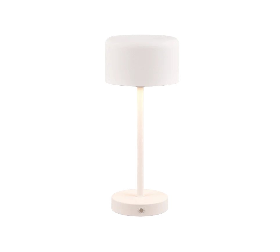 De REALITY Tafellamp JEFF is een moderne, minimalistische witte tafellamp met een cilindrische kap, rechte steel en ronde voet, die verlicht wordt tegen een witte achtergrond.