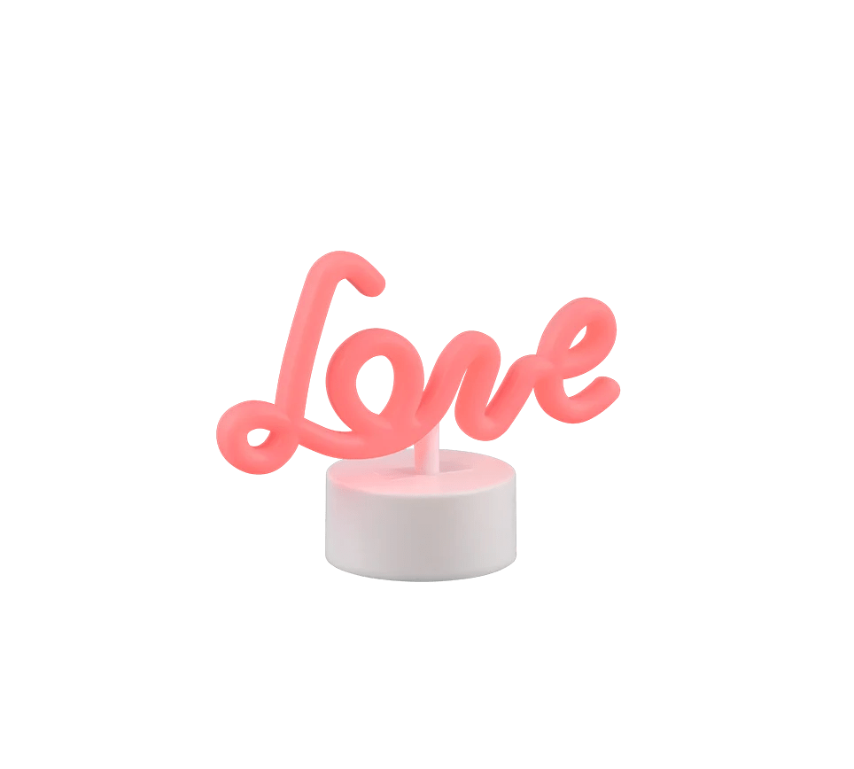 De REALITY Tafellamp AMOR is een roze neonlamp in de vorm van het woord 'Amor', gemonteerd op een kleine ronde witte voet, afgebeeld tegen een witte achtergrond.