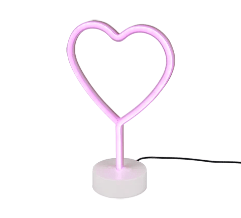 De REALITY Tafellamp HEART is een roze neon, hartvormige tafellamp op een witte ronde voet met een zwart netsnoer tegen een effen achtergrond.