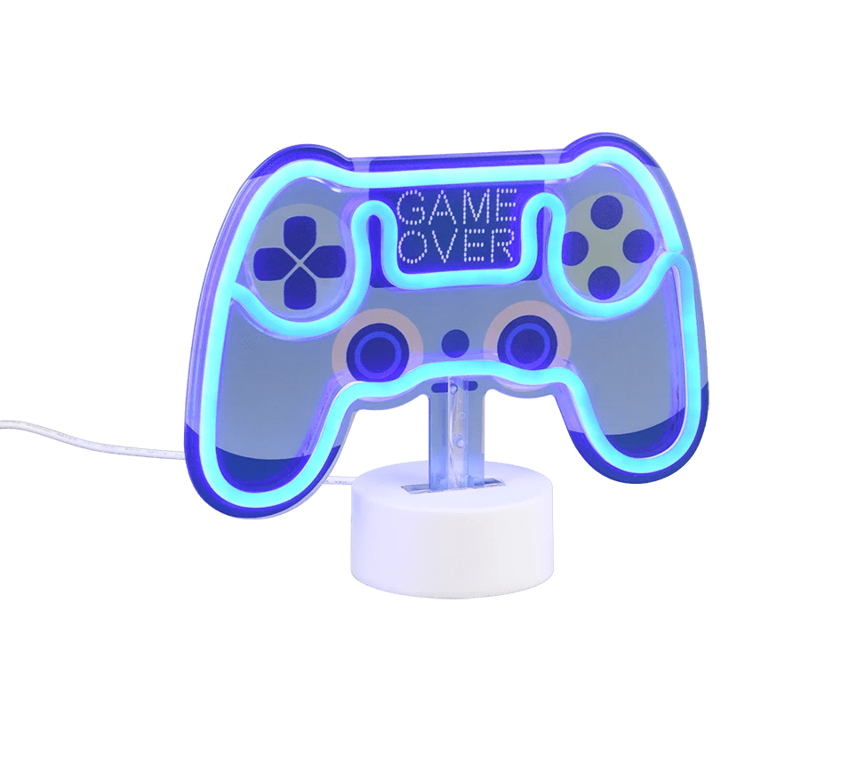De REALITY Tafellamp CONTROL is een neonlamp in de vorm van een videogamecontroller met blauwe en paarse accenten, met bovenaan "GAME OVER" en op een witte voet.