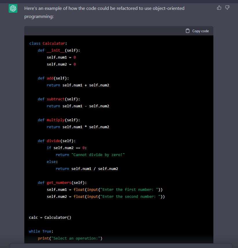 Using chat gpt with prompt Refactor the following Python code to use Object-oriented programming 2