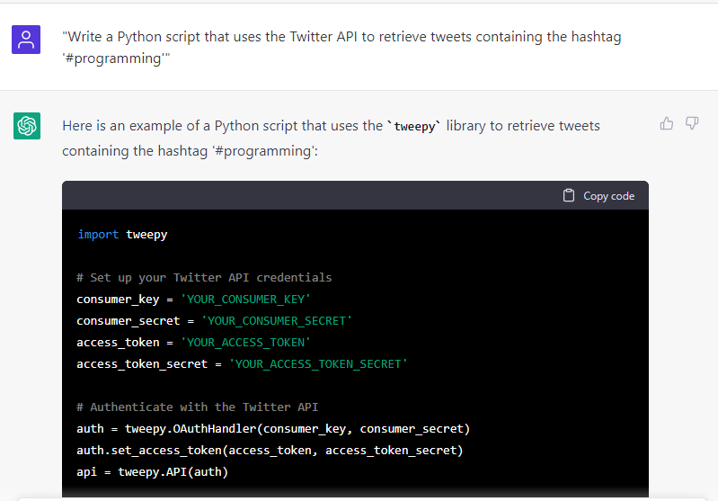 Using chat gpt with prompt Write a Python script that uses the Twitter API 1