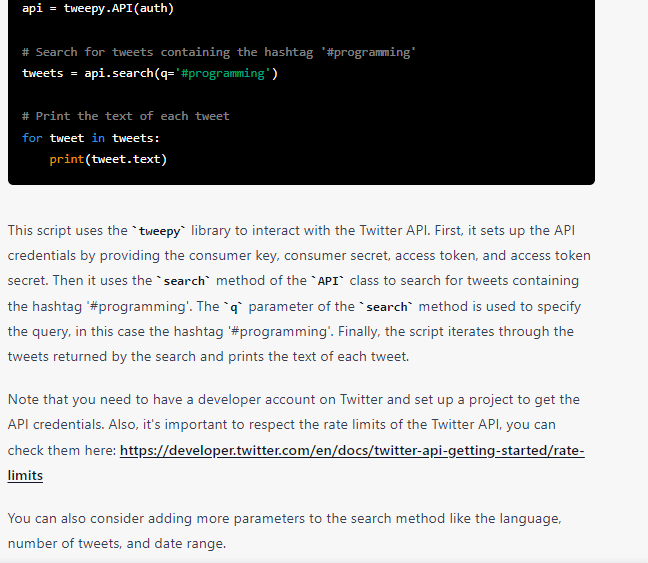 Using chat gpt with prompt Write a Python script that uses the Twitter API 2