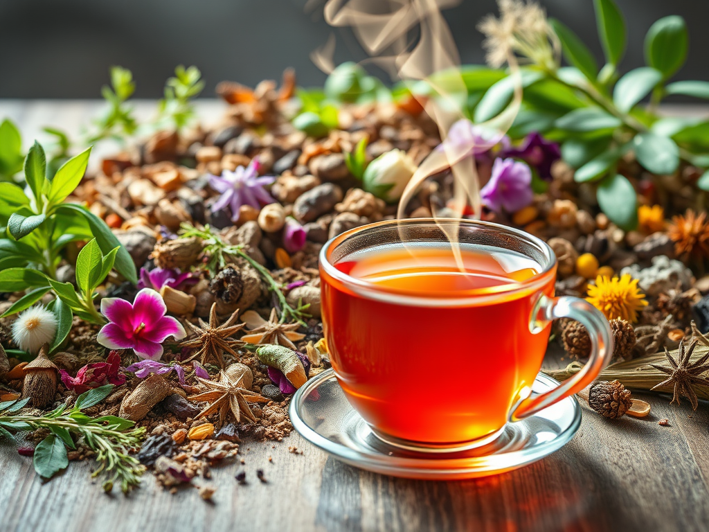 Steaming cup of herbal tea surrounded by dried herbs, star anise, and flowers.