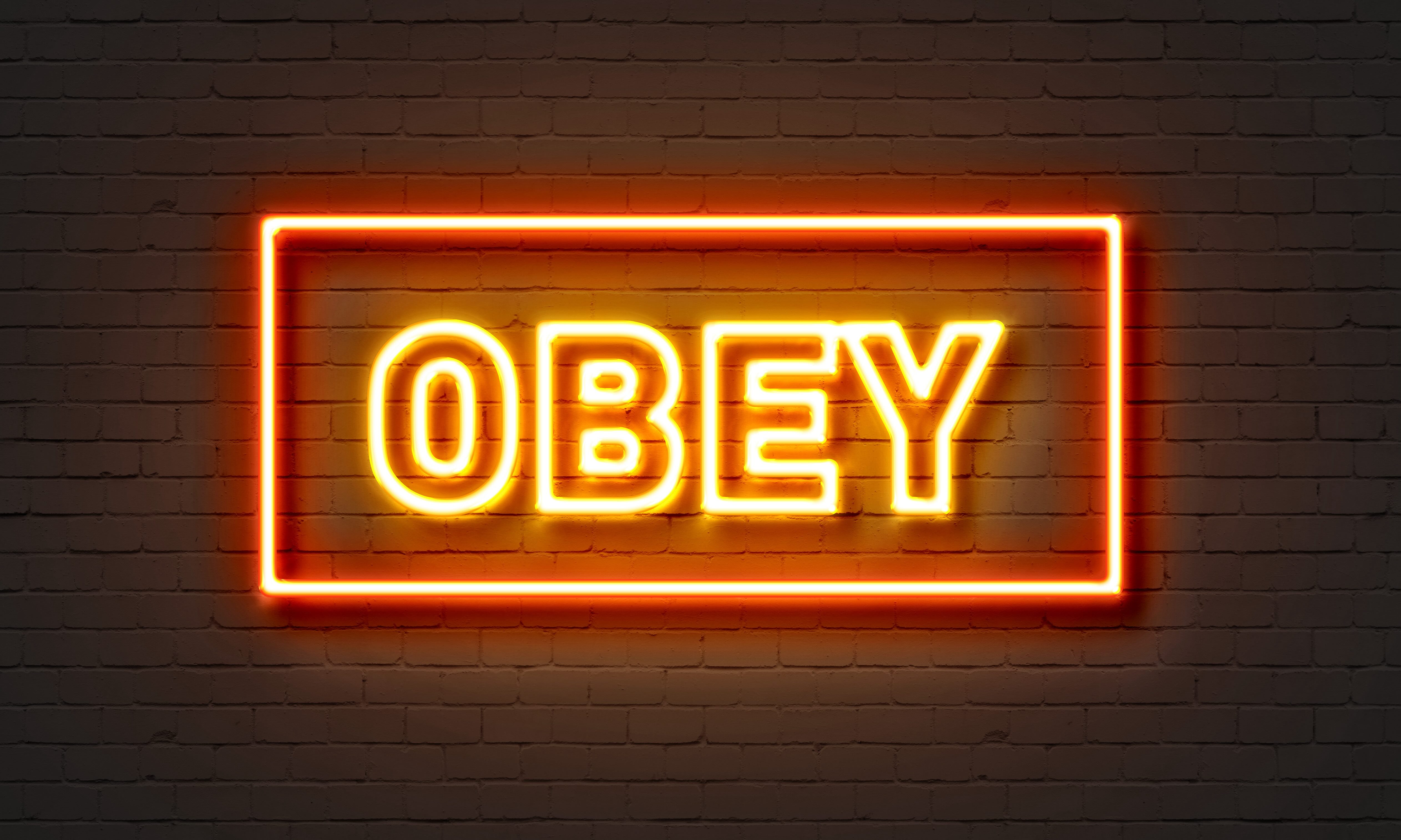 Obey neon sign on brick wall background.