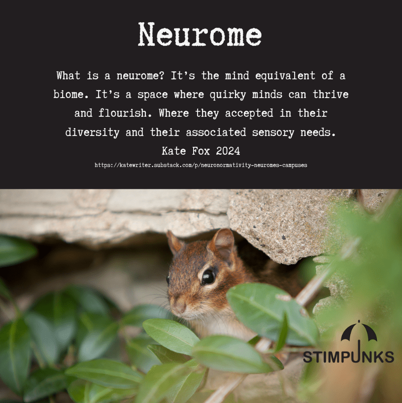 Picture of a squirrel in a rocky cave surrounded by shrubbery. Text reads: Neurome What is a neurome? It's the mind equivalent of a biome. It's a space where quirky minds can thrive and flourish. Where they accepted in their diversity and their associated sensory needs. Kate Fox 2024 https://katewriter.substack.com/p/neuronormativity-neuromes-campuses