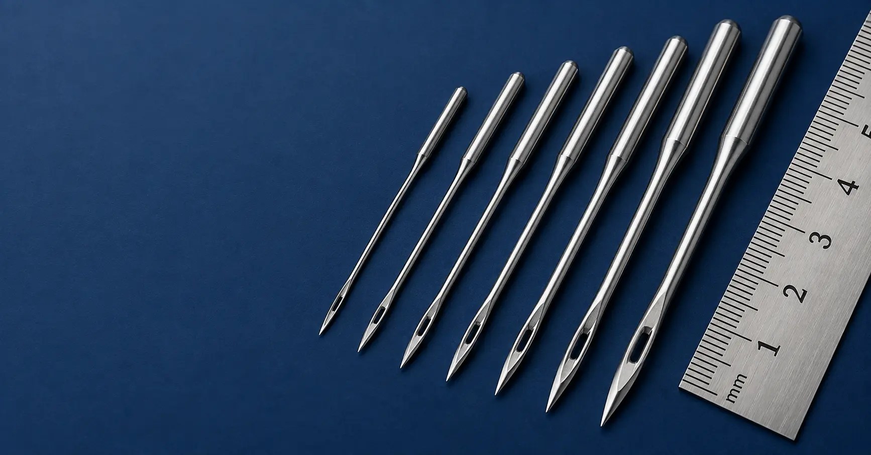 Sewing machine needle size chart: industrial needles from thin to thick beside a millimetre ruler