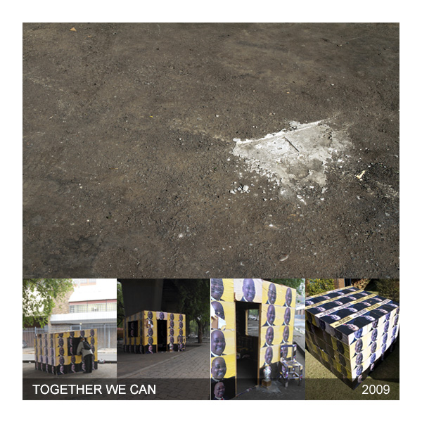 Reclaimed 2009 ANC election posters converted into a shack and furniture. 2.4 x 2.4 metres.