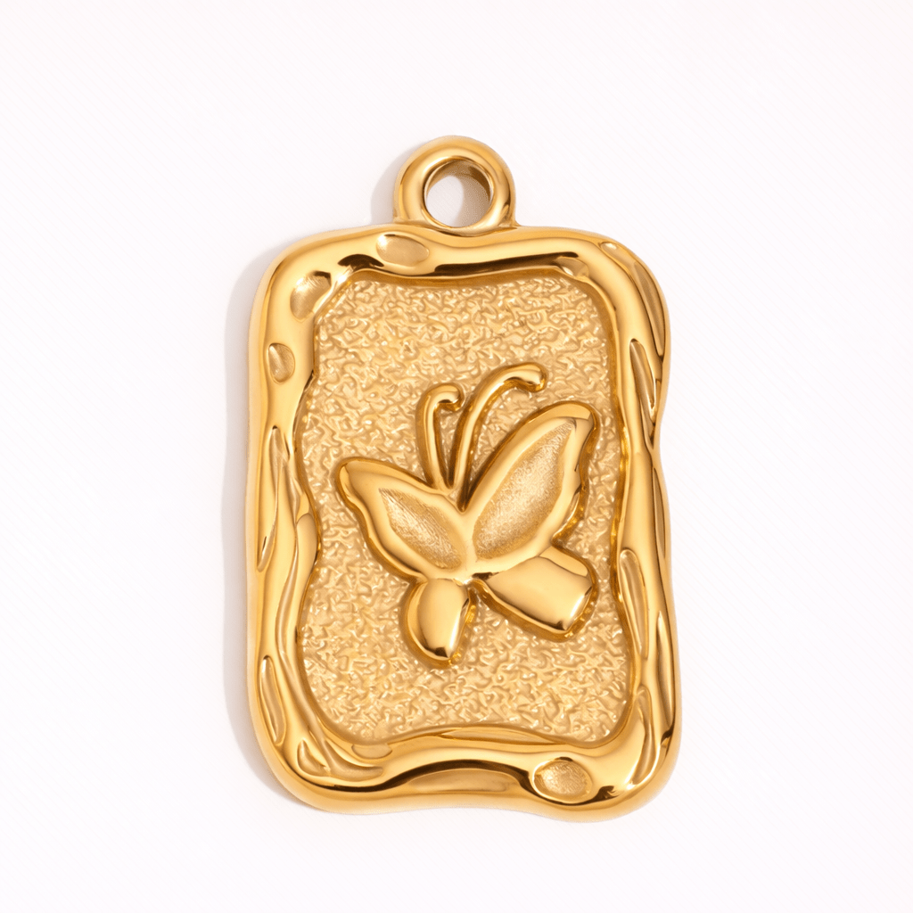 Rectangular gold charm pendant with embossed butterfly motif