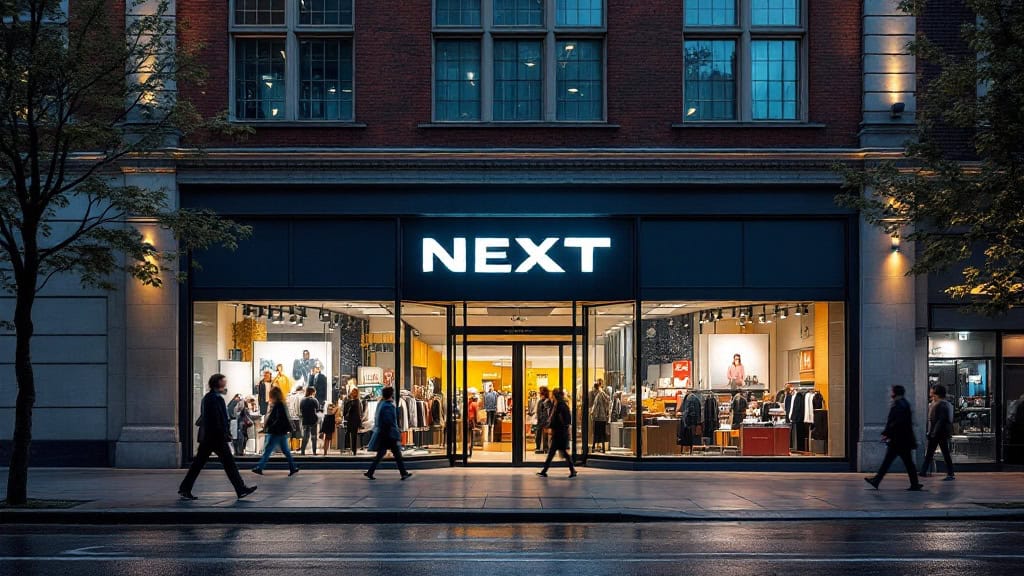 NEXT store front at night with people walking by. from Stockmark.it