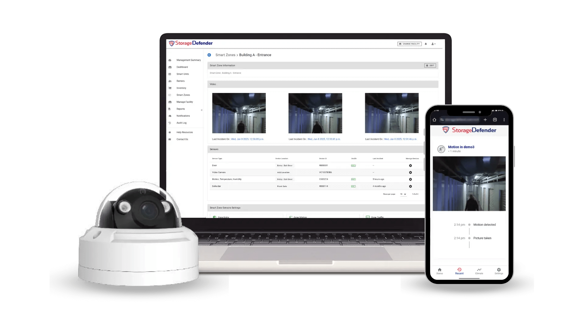 Storage Defender VisualVerify platform showing video surveillance integration on desktop and mobile with security camera