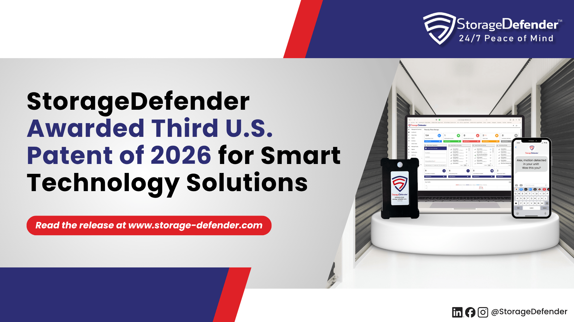 StorageDefender awarded its third U.S. patent of 2026 for smart technology solutions, shown alongside a Smart Unit device, the Web Management Portal dashboard, and a tenant text alert reading "Alex, motion detected in your unit! Was this you?"
