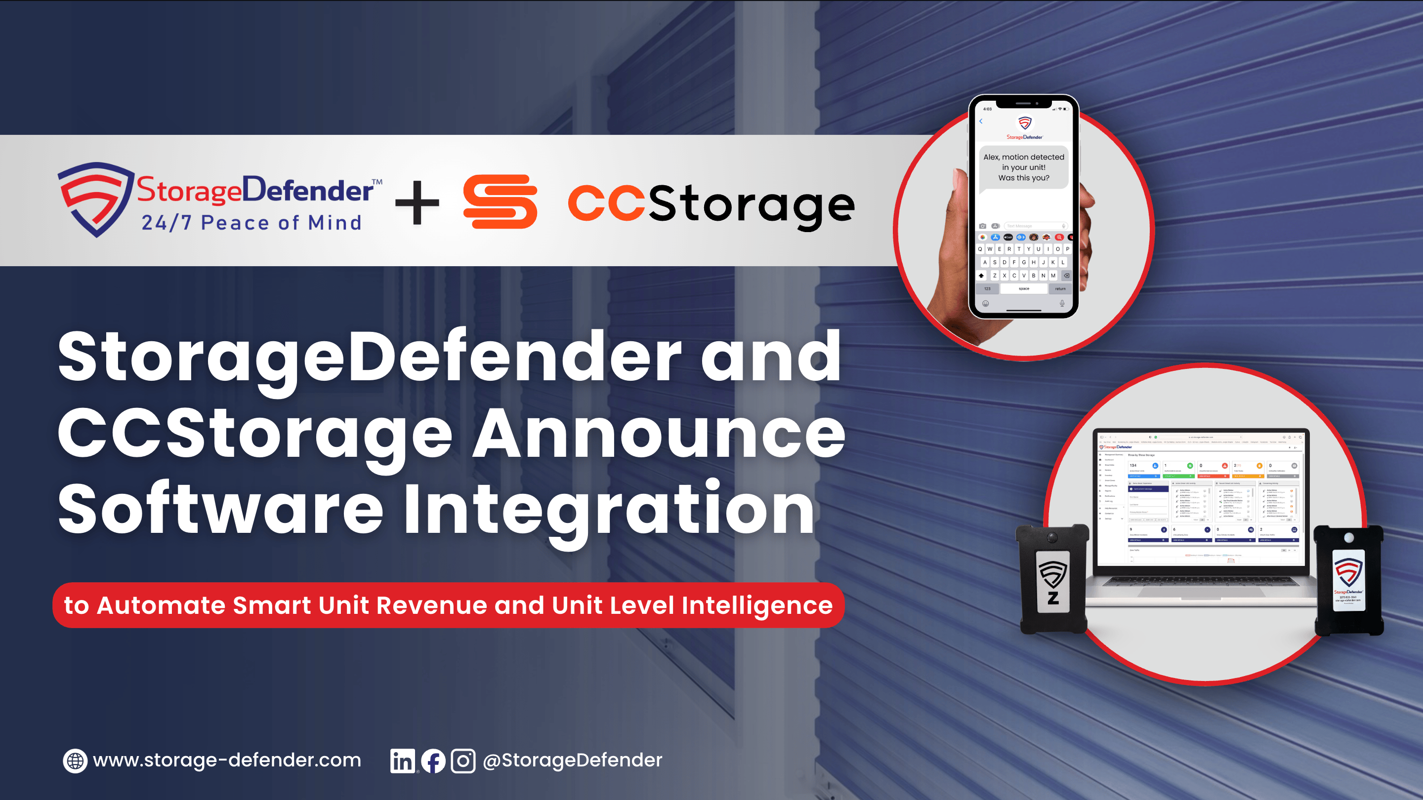 Promotional Graphic for StorageDefender and CCStorage Integration Announcement featuring both companies logos and StorageDefenders smart unit device and dashboard