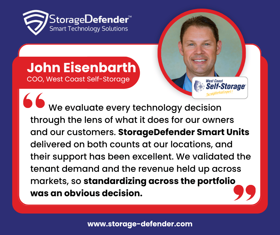 Quote graphic from StorageDefender featuring John Eisenbarth, COO of West Coast Self-Storage: "We evaluate every technology decision through the lens of what it does for our owners and our customers. StorageDefender Smart Units delivered on both counts at our locations, and their support has been excellent. We validated the tenant demand and the revenue held up across markets, so standardizing across the portfolio was an obvious decision."