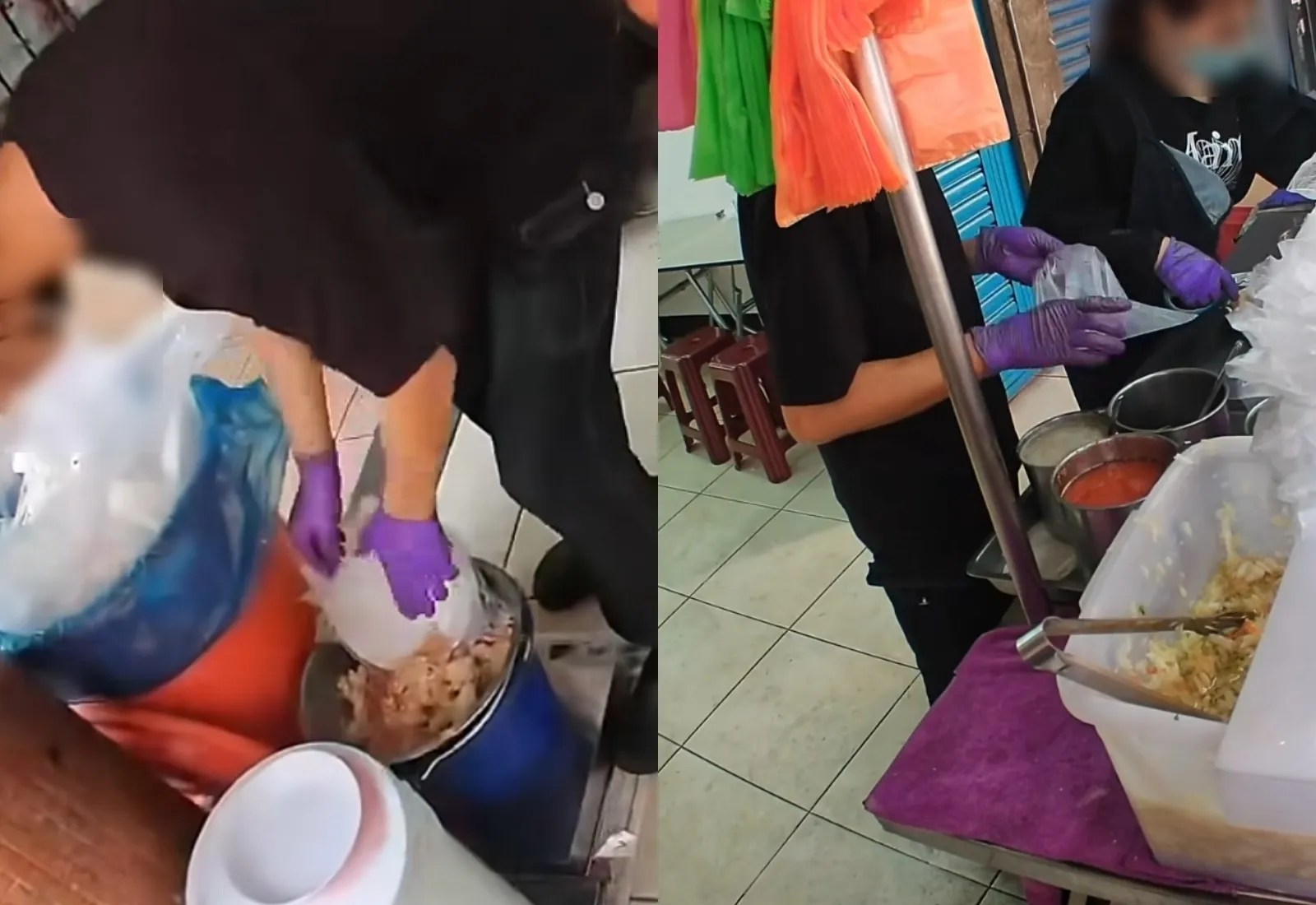 店員戴著手套處理廚餘桶垃圾，隨後直接拿取外帶盒。
