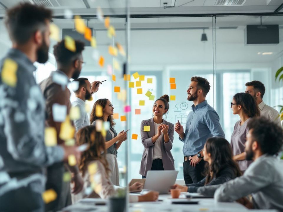 Diverse team collaborating on workplace solutions