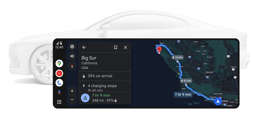 Android Auto 11.7 update pushed to stable, but it may force Google Maps if you use Google Assistant for directions 6 Image shows the outline of a car with a screen overlay on top. The screen shows the new EV routing feature on Android Auto, including a map, an indicator that the carâs battery will be low upon arrival, and a notification that there is charging available nearby.