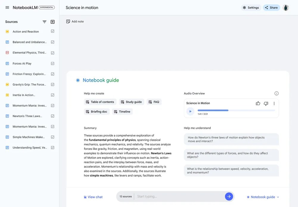 Captura de pantalla de NotebookLM habiendo generado una guía de cuaderno con un resumen de audio de fuentes sobre ciencia.