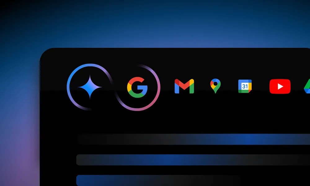 Vista en primer plano de un mensaje que se genera en la interfaz de la aplicación Gemini en modo oscuro, con íconos. De izquierda a derecha, los íconos incluyen: el logotipo de Google Gemini y el logotipo de Google rodeado por un infinito para indicar que las dos aplicaciones se sincronizan entre sí, seguidos de los logotipos de Gmail, Google Maps, Google Calendar, YouTube y Google Drive.