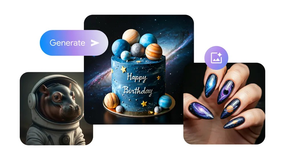 Un collage de tres imágenes generadas por Gemini. De izquierda a derecha: un hipopótamo bebé fotorrealista con un traje de astronauta. Una imagen fotorrealista de un pastel azul con temática espacial con decoraciones de planetas y las palabras "Feliz cumpleaños" escritas con glaseado sobre el pastel, con un fondo de galaxia. Una imagen de uñas en forma de almendra con un diseño de uñas de arte galáctico.