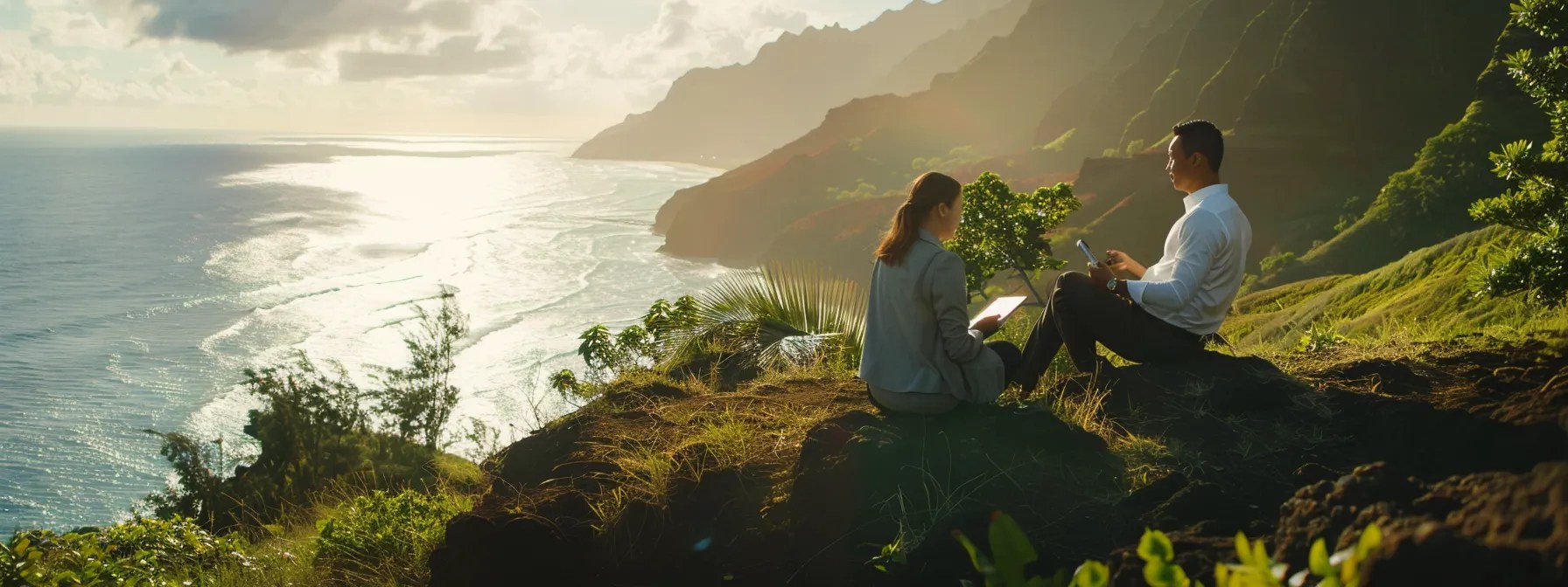 business professionals engage in a thoughtful discussion with the na pali coast in the background.