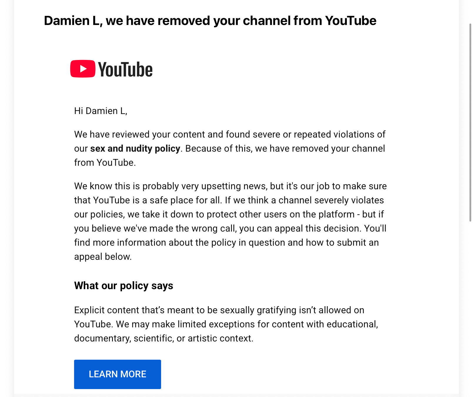 I got unfortunately terminated… - YouTube Community