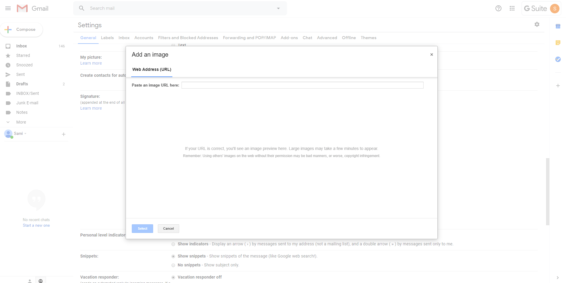 Locate the image on the web that you would like to include in your gmail signature · right click on the image · select 'copy image address' · paste into the url . Upload Image For Signatures Gmail Gmail Community