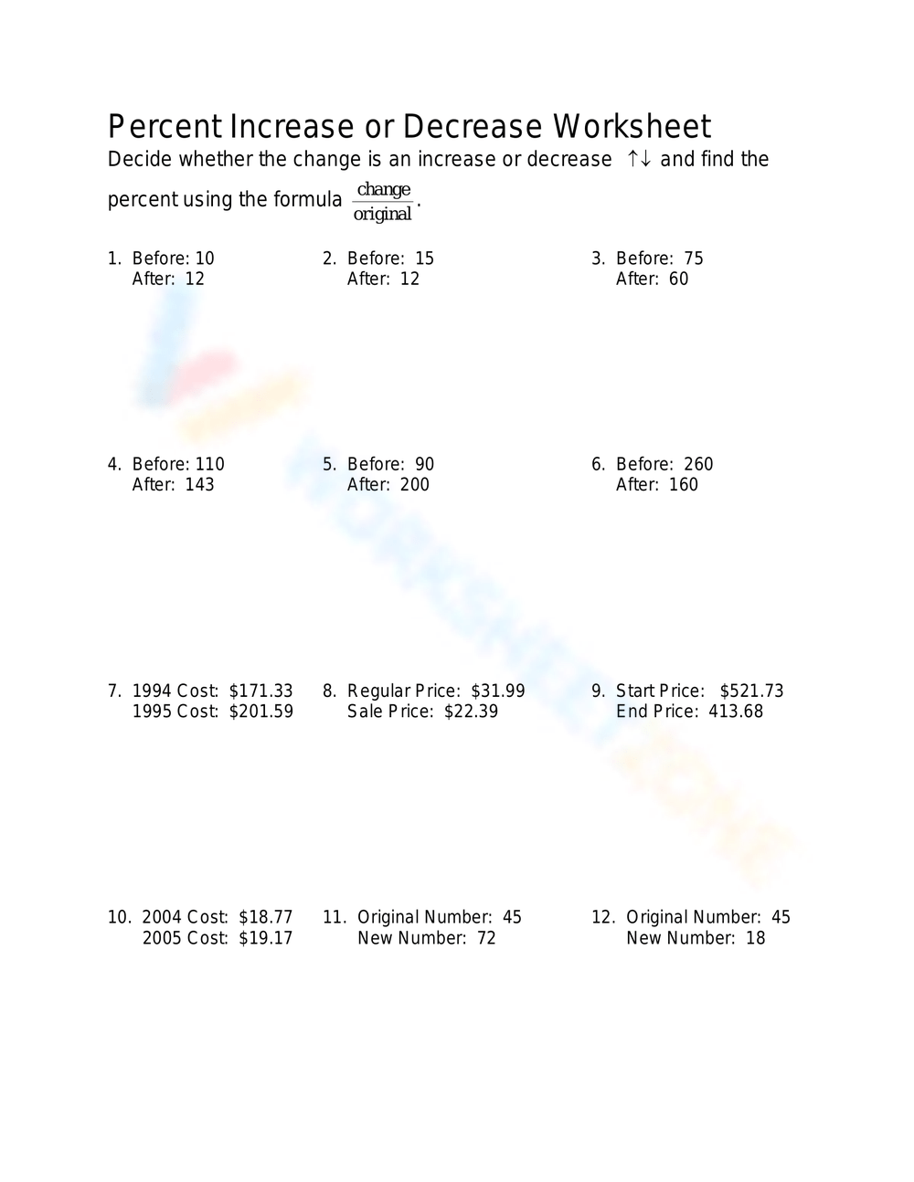 Percent increase or decrease worksheet worksheet