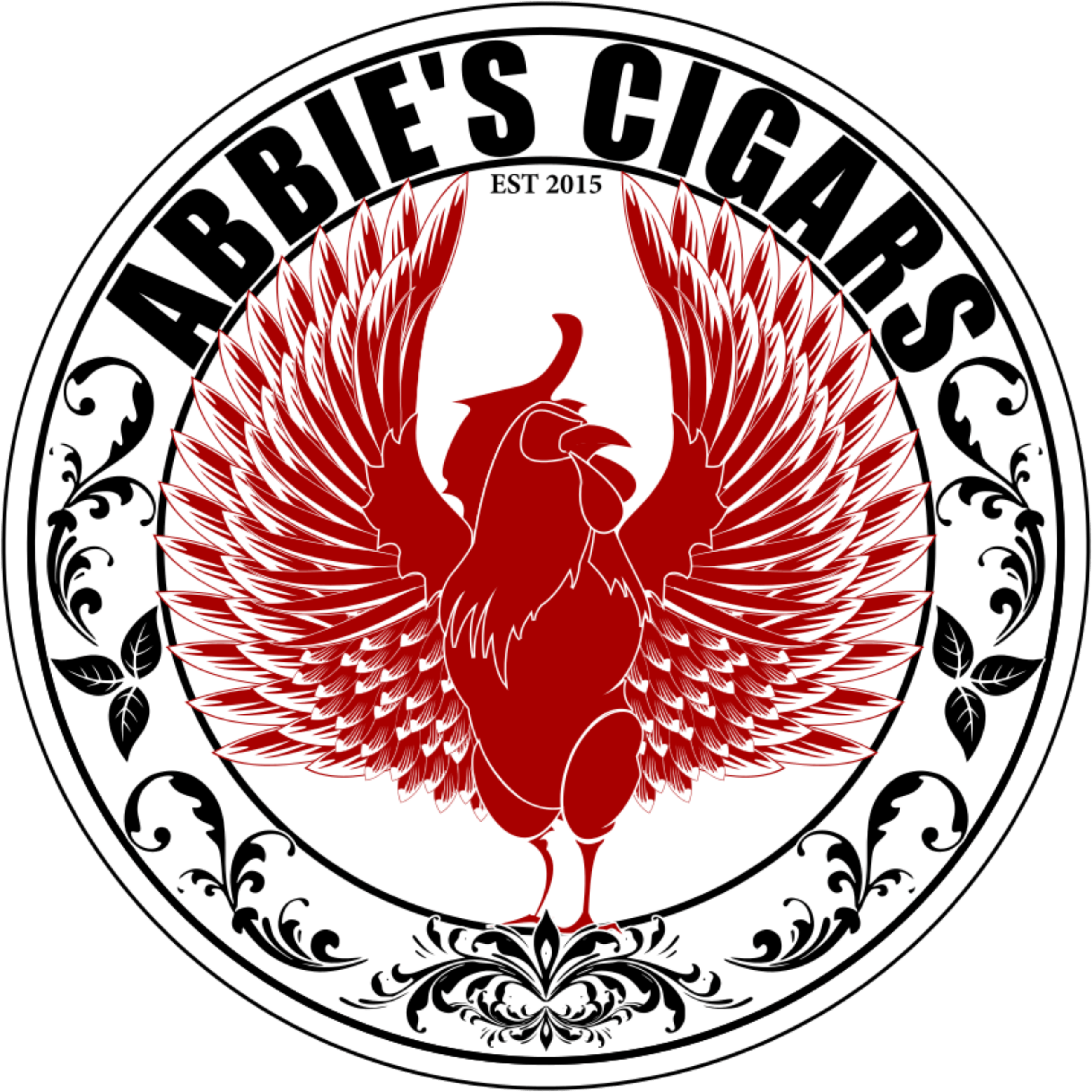 Abbie's Cigars circular logo featuring a red rooster with spread wings, established 2015, with ornate black scrollwork border
