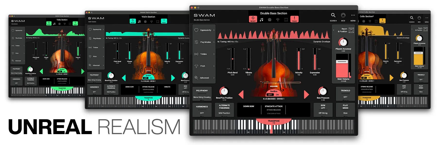 SWAM String Sections plugin interface with multiple modeled string sections and performance controls