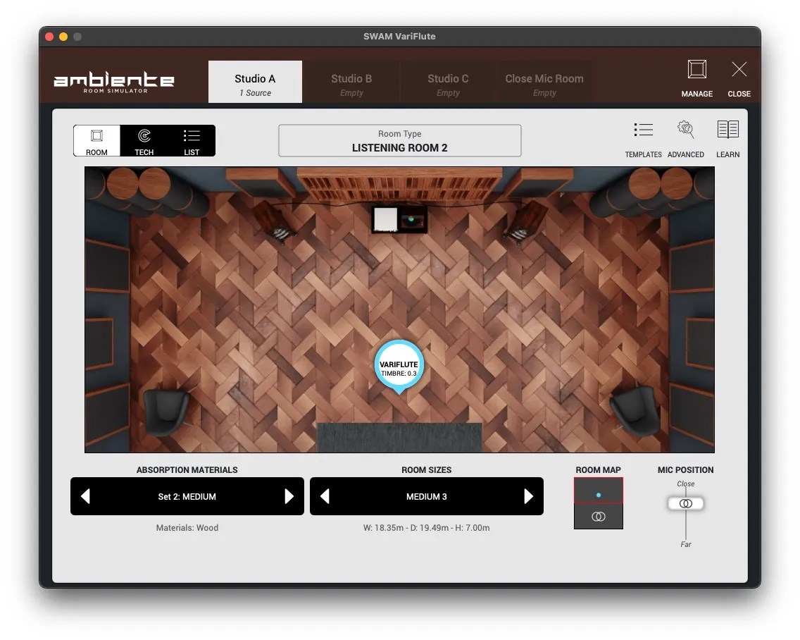 Ambiente interface showing studio selection with listening room options