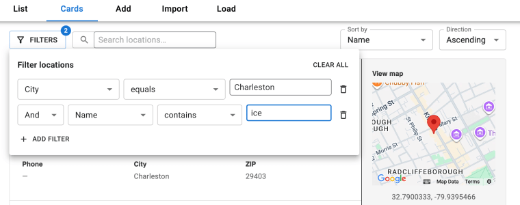Location Cards Filter